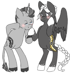 Size: 600x630 | Tagged: safe, artist:thewhimsicalgoat, derpibooru import, oc, oc only, pegasus, pony, unicorn, bipedal, blushing