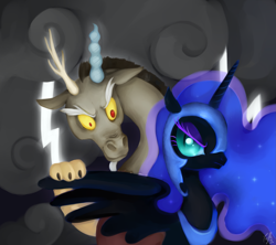 Size: 1903x1687 | Tagged: safe, artist:trefleix, derpibooru import, discord, nightmare moon, alicorn, draconequus, pony, black coat, cloud, female, golden eyes, horn, lidded eyes, lightning, male, mare, wings