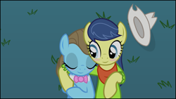 Size: 1023x576 | Tagged: safe, artist:tritebristle, derpibooru import, beauty brass, fiddlesticks, apple family member, blushing, bow, bowtie, female, fiddlebrass, grass, hat, hug, lesbian, night, on back, shipping, single panel