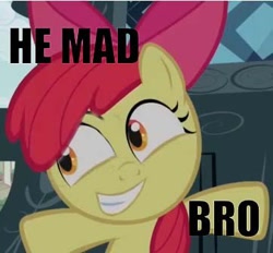 Size: 362x336 | Tagged: safe, derpibooru import, apple bloom, faic, image macro, inverted mouth, meme, solo, text