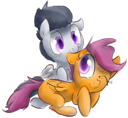 Size: 444x408 | Tagged: safe, artist:dotkwa, derpibooru import, rumble, scootaloo, cute, ear bite, female, horses doing horse things, lying, male, rumbloo, shipping, smiling, straight