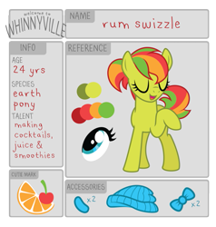 Size: 795x836 | Tagged: safe, artist:ivyhaze, derpibooru import, oc, oc only, oc:rum swizzle, earth pony, pony, bow, female, hat, mare, reference sheet, solo