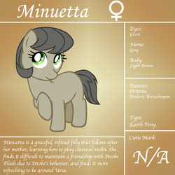 Size: 1200x1200 | Tagged: safe, artist:ludiculouspegasus, derpibooru import, oc, oc only, earth pony, pony, bio, filly, minuetta, offspring, parent:frederic horseshoepin, parent:octavia melody, parents:fredtavia, reference sheet, solo, text