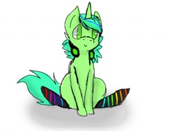 Size: 512x386 | Tagged: safe, artist:xaviatorumbreonx, derpibooru import, oc, oc only, pony, unicorn, clothes, headphones, socks, solo, striped socks