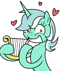 Size: 677x768 | Tagged: safe, artist:pandan009, derpibooru import, lyra heartstrings, pony, unicorn, grin, heart, looking at you, lyre, simple background, smiling, solo, transparent background