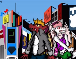 Size: 4252x3307 | Tagged: safe, artist:mcbain, derpibooru import, fizzle, garble, dragon, city, cityscape, clothes, joshua, kiryu yoshiya, misaki shiki, postmodern, the world ends with you, twewy