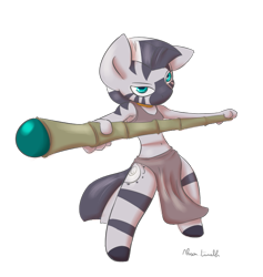 Size: 733x772 | Tagged: safe, artist:alsou, derpibooru import, zecora, anthro, zebra, bra, clothes, loincloth, simple background, solo, staff, transparent background, underwear, weapon