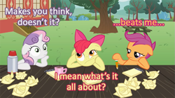 Size: 853x480 | Tagged: safe, derpibooru import, edit, apple bloom, scootaloo, sweetie belle, caption, cutie mark crusaders, image macro, monty python, monty python's the meaning of life