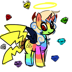 Size: 500x500 | Tagged: safe, derpibooru import, oc, oc only, alicorn, pikachu, pony, alicorn oc, chaos emerald, crossover, crucifix, joke oc, naruto, pokémon, rainbow, sharingan, solo, sonic the hedgehog (series), tengen toppa gurren lagann, the legend of zelda, triforce