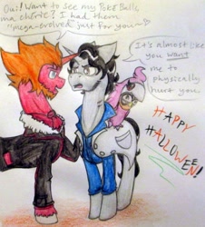 Size: 776x857 | Tagged: safe, artist:kindredmusing, derpibooru import, bird, pony, unicorn, clothes, costume, dialogue, halloween, lysandre, pokémon, pokémon x and y, ponified, professor sycamore, spritzee, team flare, traditional art, unshorn fetlocks