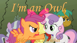 Size: 640x360 | Tagged: safe, derpibooru import, edit, edited screencap, screencap, apple bloom, diamond tiara, scootaloo, snails, snips, sweetie belle, twist, narwhal, owl, caption, cs188, cutie mark crusaders, dialogue, image macro, orange text, pointing, reference, text