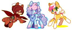 Size: 1184x506 | Tagged: safe, artist:zhampy, derpibooru import, oc, oc only, earth pony, pegasus, pony, bracelet, cape, clothes, earring, heterochromia, scarf, wink