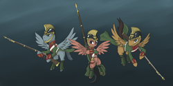 Size: 4000x2000 | Tagged: safe, artist:cxfantasy, artist:whatthescoots, derpibooru import, oc, oc only, pegasus, pony, absurd resolution, clothes, cloudsdale, dragoon, military, military uniform, musket, uniform