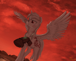 Size: 1280x1024 | Tagged: safe, artist:lucky dragoness, derpibooru import, oc, oc only, oc:appletart longshot, alicorn, cyborg, pony, fallout equestria, albino, alicorn oc, appletart, prosthetics, red cloud, scarred, sierra mardre, solo