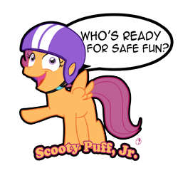 Size: 2100x2100 | Tagged: safe, artist:manic-the-lad, scootaloo, crossover, dialogue, futurama, helmet, humor, scooty puff jr., simple background, solo, transparent background