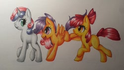 Size: 1024x576 | Tagged: safe, artist:paper-aschenstern, derpibooru import, apple bloom, scootaloo, sweetie belle, cutie mark crusaders, traditional art