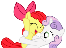 Size: 1200x872 | Tagged: safe, derpibooru import, apple bloom, sweetie belle, adorabloom, cute, diasweetes, eyes closed, grin, happy, hug, open mouth, simple background, smiling, transparent background, vector