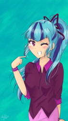 Size: 1080x1920 | Tagged: safe, artist:shatha-na, sonata dusk, equestria girls, rainbow rocks, blushing, clothes, grin, humanized, smiling, solo, wink