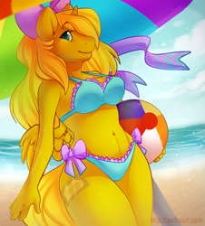 Size: 905x1000 | Tagged: safe, artist:vella, derpibooru import, oc, oc only, oc:ticket, alicorn, anthro, alicorn oc, anthro oc, beach, beach ball, belly button, bicolor swimsuit, bikini, blue swimsuit, bow, bow swimsuit, clothes, frilled swimsuit, midriff, solo, swimsuit, umbrella