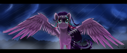 Size: 4990x2087 | Tagged: safe, artist:xxsongoftherainxx, derpibooru import, oc, oc only, oc:neon flight, rain, solo