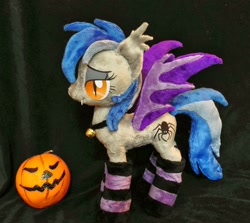 Size: 1336x1190 | Tagged: safe, artist:epicrainbowcrafts, derpibooru import, oc, oc only, bat pony, pony, bell, bell collar, clothes, collar, irl, jack-o-lantern, photo, plushie, pumpkin, socks, striped socks