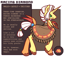 Size: 675x605 | Tagged: safe, artist:zhampy, derpibooru import, oc, oc only, oc:racing diamond, pony, unicorn, clothes, feather, male, poncho, solo, stallion, text, unshorn fetlocks