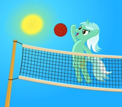 Size: 955x836 | Tagged: safe, artist:arvaus, derpibooru import, lyra heartstrings, ball, net, solo, sun, volleyball