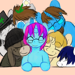 Size: 3000x3000 | Tagged: safe, artist:gordonfreeguy, derpibooru import, oc, oc only, oc:clopitor the hydrogenous, oc:daisyhead, oc:feral socks, oc:roboshi, oc:yellowtdash, oc:yorec, cuddling, cute, freckles, glasses, goatee, group hug, group photo, group shot, snuggling, stedilnik