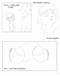 Size: 2716x3425 | Tagged: safe, artist:theponybox696, derpibooru import, oc, oc only, semi-anthro, comic:watersports, comic, female, foal, monochrome, need to pee, omorashi, potty dance, potty emergency, potty time