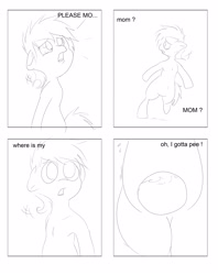 Size: 2716x3425 | Tagged: safe, artist:theponybox696, derpibooru import, oc, oc only, comic:watersports, bladder, comic, foal, full bladder, monochrome, need to pee, omorashi, potty dance, potty emergency, potty time, trotting in place, urine, x-ray bladder