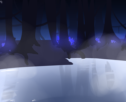 Size: 1280x1039 | Tagged: safe, artist:cymek, derpibooru import, background, fog, forest, lake, night, poison joke