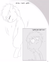 Size: 2716x3425 | Tagged: safe, artist:theponybox696, derpibooru import, oc, oc only, comic:watersports, comic, foal, monochrome, need to pee, omorashi, potty dance, potty emergency, potty time, trotting in place