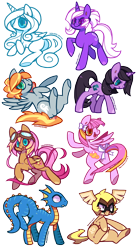 Size: 662x1202 | Tagged: safe, artist:zhampy, derpibooru import, oc, oc only, oc:airsong, oc:greywing feather, oc:grind, oc:indigoflow, oc:moonlight myst, oc:mutated, oc:mystic, oc:stardusk, dragon, hybrid, bow, dragon hybrid, glasses, goggles, ponytail, tail bow, thick eyebrows