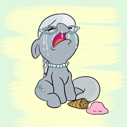 Size: 1000x1000 | Tagged: safe, artist:midnight-wizard, silver spoon, earth pony, pony, crying, cute, eyes closed, female, filly, floppy ears, ice cream, open mouth, sad, silverbetes, sitting, snot, solo, solo female