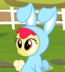 Size: 491x540 | Tagged: safe, derpibooru import, screencap, apple bloom, family appreciation day, adorabloom, animal costume, animated, bunny bloom, bunny costume, clothes, costume, cropped, cute, fence, floppy ears, solo