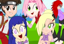 Size: 1024x707 | Tagged: safe, artist:thegreatrouge, derpibooru import, equestria girls, barely pony related, bedroom eyes, crossover, equestria girls-ified, frown, grin, haruno sakura, hyuuga hinata, karin, looking at you, looking back, naruto, open mouth, raised eyebrow, smiling, tenten, uzumaki karin, yamanaka ino