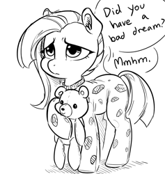 Size: 1304x1373 | Tagged: safe, artist:glacierclear, marble pie, earth pony, pony, black and white, clothes, cute, dialogue, female, filly, footed sleeper, frown, grayscale, marblebetes, monochrome, pajamas, sad, solo, teddy bear, younger