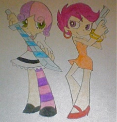 Size: 389x404 | Tagged: safe, artist:tailsfan48, derpibooru import, scootaloo, sweetie belle, human, bracelet, crossover, earring, gun, humanized, light skin, older, panty and stocking with garterbelt, style emulation, sword, traditional art