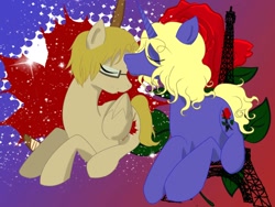 Size: 1032x774 | Tagged: safe, artist:connynee, derpibooru import, pegasus, pony, unicorn, canada, eiffel tower, france, gay, hetalia, kissing, male, ponified, shipping