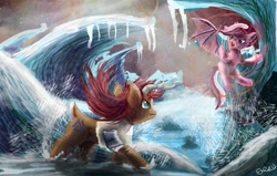 Size: 889x565 | Tagged: safe, artist:owlvortex, derpibooru import, oc, oc only, bat pony, pony, caribou, epic, fight, flying, frown, glare, ocean, open mouth, spread wings, viking caribou, water, wave
