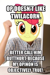 Size: 728x1092 | Tagged: safe, derpibooru import, apple bloom, alicorn drama, drama, exploitable meme, first day brony, image macro, meme