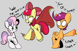 Size: 1280x853 | Tagged: dead source, safe, artist:turtlefarminguy, derpibooru import, apple bloom, scootaloo, sweetie belle, cider, cutie mark crusaders, drunk, drunkaloo, drunker bloom