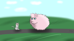 Size: 1280x720 | Tagged: safe, artist:spenws, derpibooru import, oc, oc only, oc:fluffle puff, cat, cute, encounter, fluffle puffing, fluffy