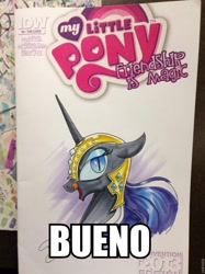 Size: 680x907 | Tagged: safe, artist:andypriceart, derpibooru import, nightmare rarity, bueno, caption, image macro, logo, meme, photo, solo, tongue out, traditional art