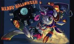 Size: 4000x2400 | Tagged: safe, artist:akamei, derpibooru import, oc, oc only, oc:sami, succubus, clothes, filly, halloween, hat, holiday, horns, jack-o-lantern, pixiv, pumpkin, solo, sorceress, witch hat