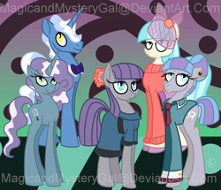 Size: 1000x860 | Tagged: safe, artist:magicandmysterygal, coco pommel, maud pie, pokey pierce, oc, oc:diamond button, oc:laugh track, bisexual, bowtie, crack shipping, crossdressing, earring, false eyelashes, female, lesbian, magical lesbian spawn, male, offspring, parent:coco pommel, parent:maud pie, parent:pokey pierce, parents:pokeymaud, piercing, shipping, straight, sweat, trap