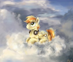 Size: 4700x4000 | Tagged: safe, artist:pponyoo, derpibooru import, oc, oc only, pegasus, pony, cloud, cloudy, headphones, male, solo, stallion