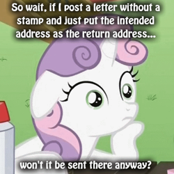 Size: 500x500 | Tagged: safe, derpibooru import, edit, edited screencap, screencap, sweetie belle, pony, unicorn, ponyville confidential, cropped, female, filly, floppy ears, hoof on chin, horn, meme, solo, sudden clarity sweetie belle, text, two toned mane, white coat, wide eyes