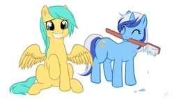 Size: 1400x800 | Tagged: safe, artist:foxpox, derpibooru import, minuette, sunshower raindrops, mouth hold, toothbrush