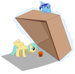 Size: 1600x1575 | Tagged: safe, artist:infernaldalek, derpibooru import, minuette, sunshower raindrops, box, muffin